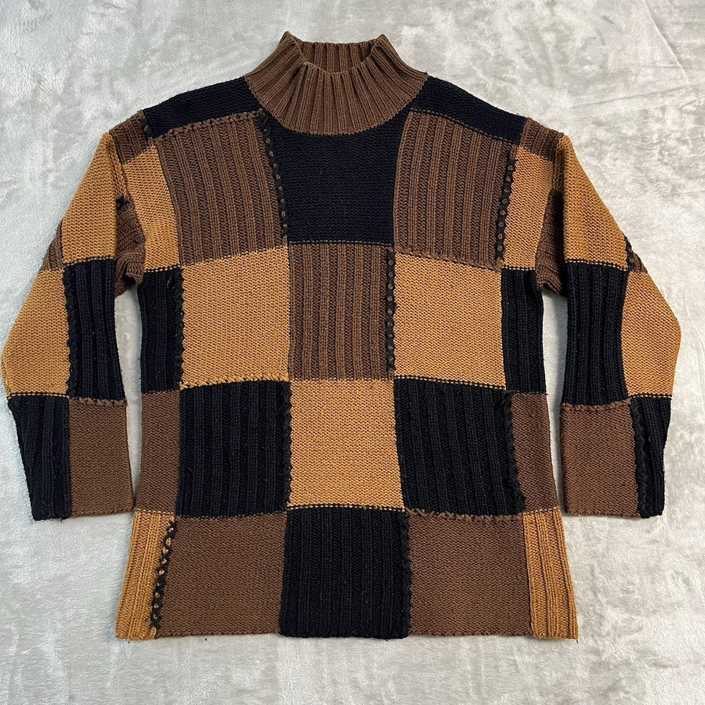 Vintage 90s Mainframe Colorblock Mock Neck Sweater Mens Medium Brown Black Knit